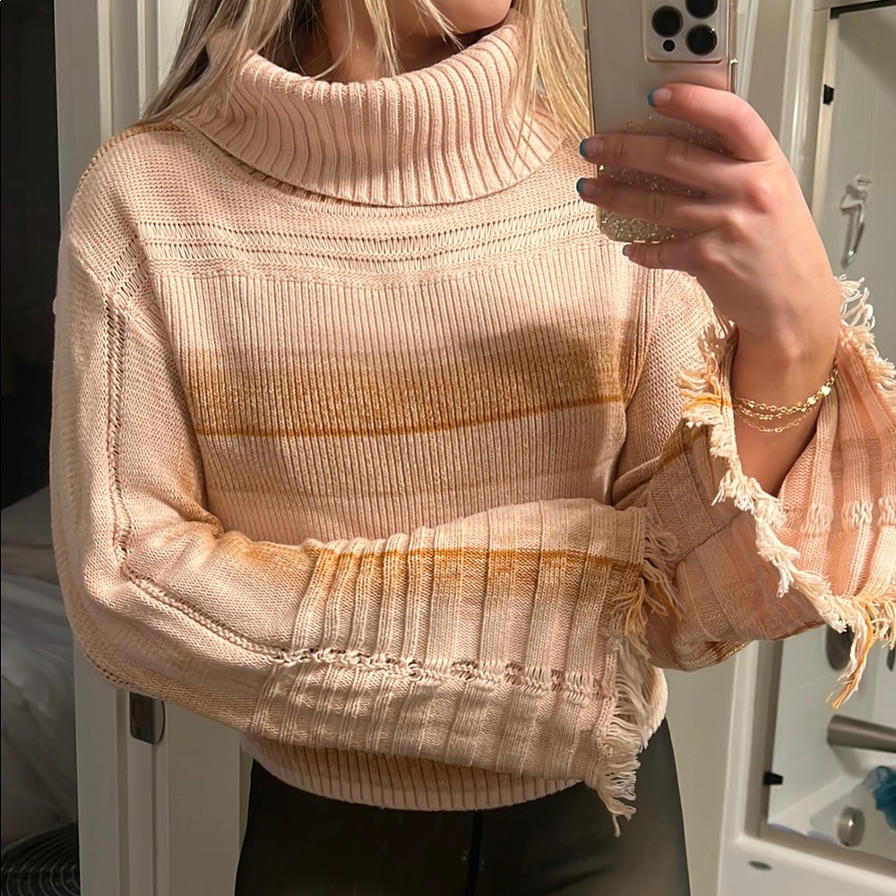 Creamy pink and and Tan orange Cowl Neck Sweater with Cozy Knitted Texture